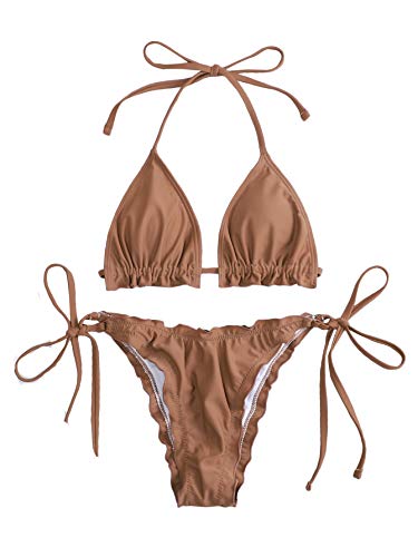SOLY HUX Women s Floral Print Halter Triangle Tie Side Bikini Set Two Piece Swimsuits Brown L