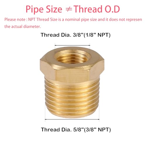 BILAL 3/8\" Male x 1/8\" Female NPT Reducer Hex Bushing, Reducing Bushing Adapter Brass Threaded Pipe Fitting (O.D x I.D: 5/8\" x 3/8\")-2 Pcs - Thumbnail 2