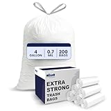 Plasticplace 4 Gallon White Drawstring Trash Bags, 200 Count (Pack of 1) – 0.7 Mil Leak-Proof Garbage Liners for Small Trash Can, Bathroom, Kitchen, Office, and Car Use