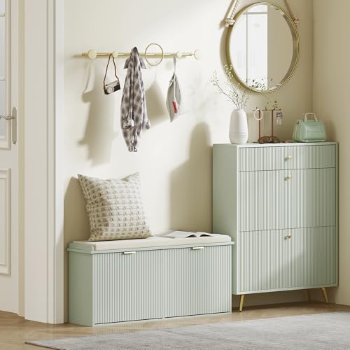 HOMCOM Shoe Bench with Padded Seat Cushion and Flip-Drawer, Shoe Cabinet Holds up to 240kg for Hallway, Entryway and Porch, 104x26x47.5cm, Green - Image 7