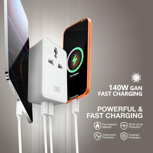 Image of MX 3-in-1 140W PD Fast Charging MultiPort Adapter with 2500W Universal Socket, Dual Type-C, Socket for India, US, UK, EU, AU, Compact Design for Bedside Use, Multi Plug Power Adapter ISI approved Plug