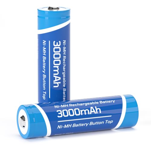 2 Pack Ni-MH Battery 3000mAh, Button Top NiMH Batteries for LED Flashlight, Headlamp,Camera, RC Car, Mini Fans, etc
