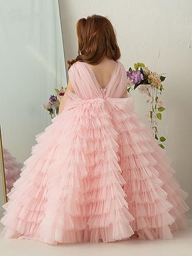 Flower Girl's V Neck Wedding Party Dress Tiered Tulle First Communion Dress Girls Birthday Gown3
