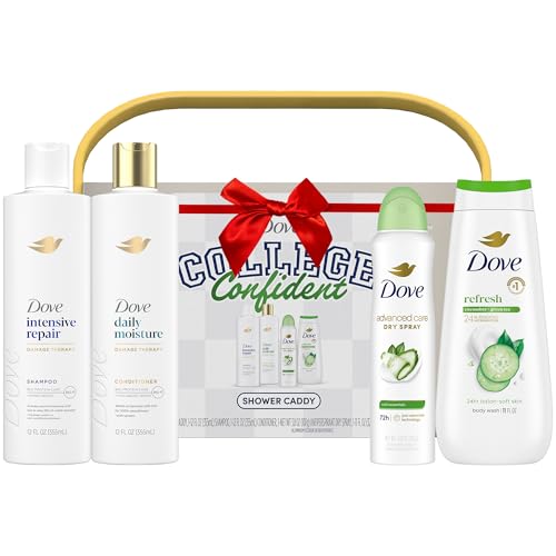 Dove Shower Caddy College Confident Gift Set – Cucumber & Green Tea Body Wash, Intensive Repair Shampoo, Daily Moisture Conditioner, Cool Essentials Deodorant for Women (5 Piece Set)