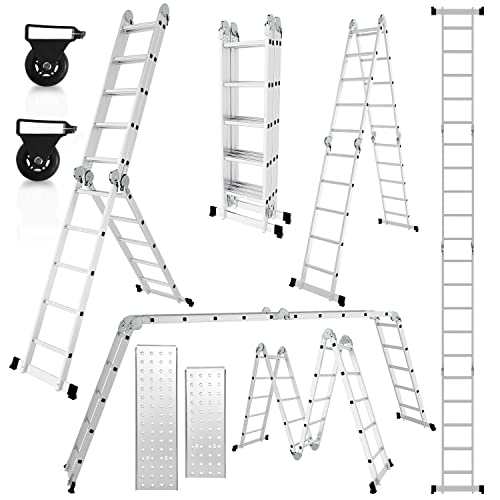 Cecaylie Escalera Multiusos de Aluminio, 4 x 5, 582 cm, 7 en 1, con Plataforma, Escalera con 2 Placas de andamio, Escalera de Trabajo, Escalera multifunción, Escalera Plegable de 20 peldaños, Color