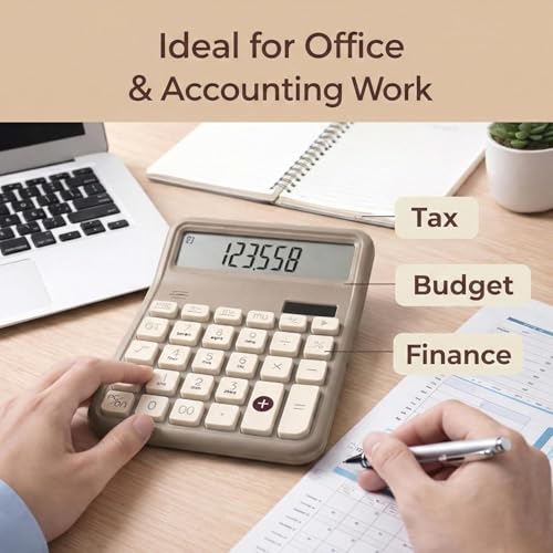 Image of 12 Digit Large Display Desktop Calculator Beige with Big Buttons, Dual Screen, GT & Memory Functions, Auto Power Off | Office, School & Home Use