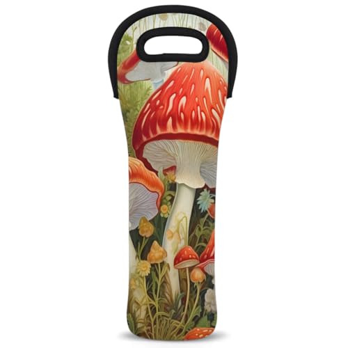 Neoprene Wine Tote Carrier Bag for Wine,Water, Champagne, Beer, Baby Bottles 15.6 x 5.1 Inches, Protective Wine Bag,Red Mushroom
