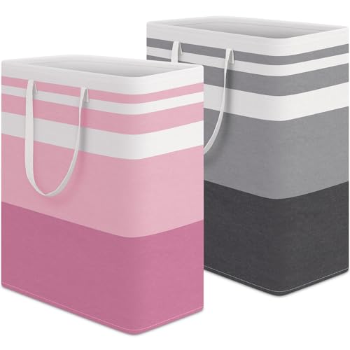 HomeHacks 2 Pack Large Laundry Baskets, Waterproof, Freestanding Laundry Hampers, Collapsible Clothes Hamper with Reinforced Handles in Laundry, College Dorm, Bathroom, Bedroom (Grey+Pink, 125Lx2)