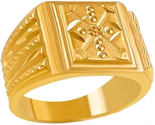 Men's Gold Plated Cross Design Ring, Square Face, Traditional Pattern