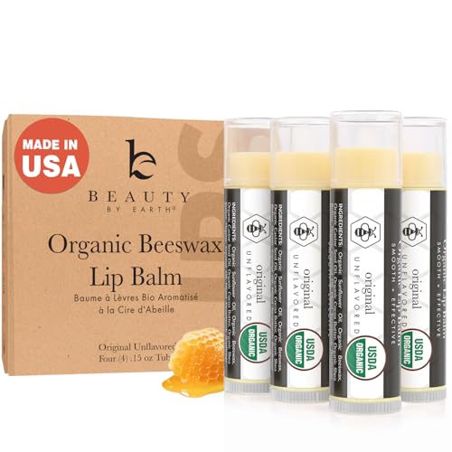 USDA Organic Lip Balm – USA Made with Natural Ingredients, 4 Pack Unflavored Chapstick for Dry Lips, Birthday Gifts for Her & Him, Lip Balm Hydrating Beauty Gifts, Lip Moisturizer, Mens Gift Ideas