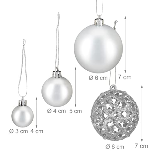 Relaxdays Christmas Bauble Set of 50, Glittery, Matt & Shiny Ornaments, Plastic Xmas Tree Balls, diameter : 3, 4 & 6 cm, Silver - Image 4