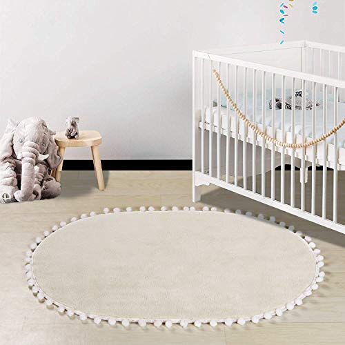 LEEVAN Faux Wool Area Rug Cute Pom Pom Fringe Nursery Rug Baby Crawling