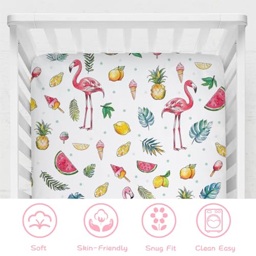 Image of Watercolor Summer Flamingo Baby Crib Sheets 52''x28'' Lemon Pineapple Watermelon Tropical Leaves Snug Fitted Crib Mattress Sheet for Boy Girl Soft Nursery Bed Sheets for Standard Crib Toddler Mattress