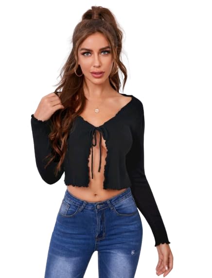 jc jummy couture Spandex Casual Multicolor Solid Full Sleeve Front Tie Shrug for Women's (Miduem, Black)-picture-15