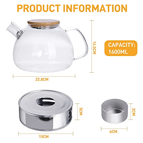 Tetera de Cristal, Tetera de Vidrio 1600ml con Base - Infusor Extraíble de Acero Inoxidable - 2 Tapas - Tetera de… - Imagen 4