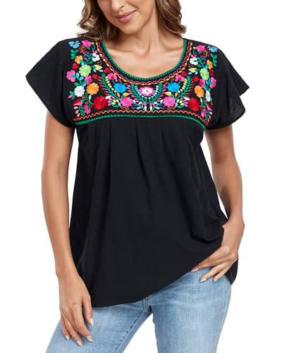YZXDORWJ Embroidered Mexican Top for Women Peasant Blouse Mexico Summer Shirt Short Sleeve
