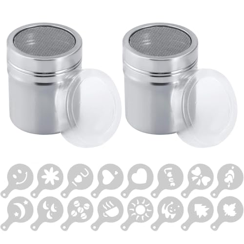 2 Piezas Espolvoreador De Azúcar Glas Y Cacao En Acero Espolvoreador De Cacao En Polvo Inoxidable Con Tapa Incluye 16 Plantillas Para Decorar Café Capuchino, Cacao, Matcha, Pastelería Y Hogar