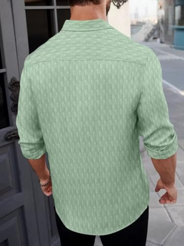 Image of DEELMO Men's Regular Fit Button Down Dress Shirts Textured Long Sleeve Casual Hawaiian Shirt