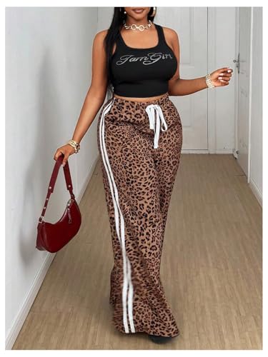 Women's Plus Size Leopard Baggy Pants Y2k Stripe Cheetah Pants Tie Front Wide Leg Loose Trousers4