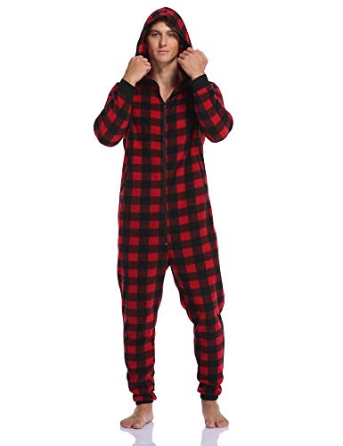 COLORFULLEAF Couples Matching Christmas Pajamas Sets Hooded Fleece Zipper Plaid Pjs Set Union Suits Soft Warm Jumpsuit3