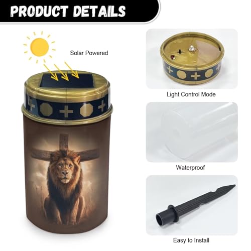 Image of Lion Cross Solar Grave Lights for Cemetery Flameless Solar Powered Light for Prayer Waterproof Cemetery Solar Lights for Grave Cemetery Decor Candle Lamp