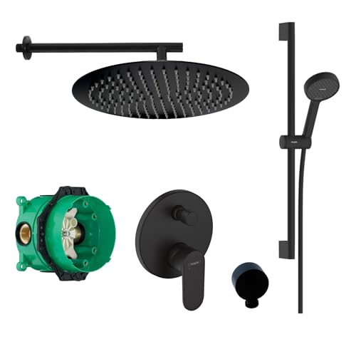 vanvilla Duschsystem mit Unterputz Duscharmatur von Hansgrohe Einhebelmischer und vanvilla Regendusche mit Armatur, Duschkopf rund, Dusch-SET HGS39 schwarz matt beschichtet