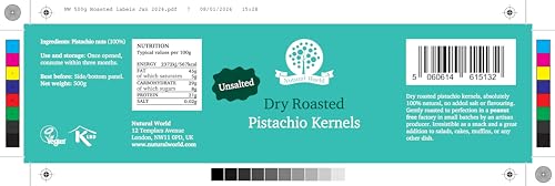 Nutural World – Trocken geröstete Pistazienkerne – ungesalzen (500g) - Vegan -