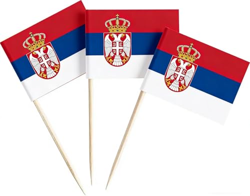 JAVD CYPS 100 Pcs Serbia Flag Serbian Toothpick Flags, Small Mini Stick Cupcake Toppers Serbian Flags,Country Picks Party Decoration Celebration Cocktail Food Bar Cake Flags