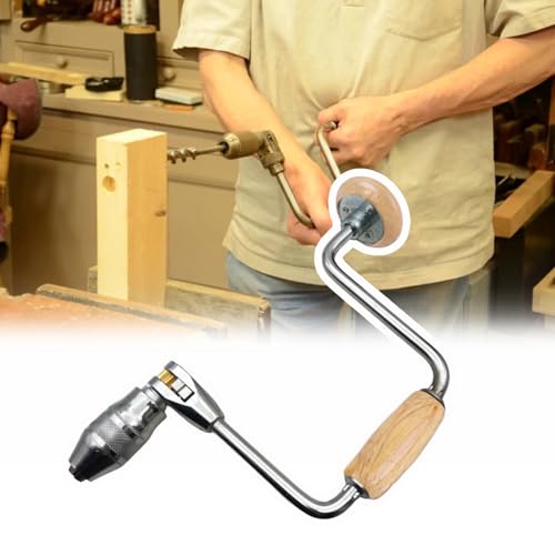 Carpenters Bit Brace Hand Crank Drill with 12-Inch Swing Arm, Comfortable Non-Slip Handle, Ideal for Woodworking, Easy to Use Hand Tool (Bit Brace) (Wooden Handle)