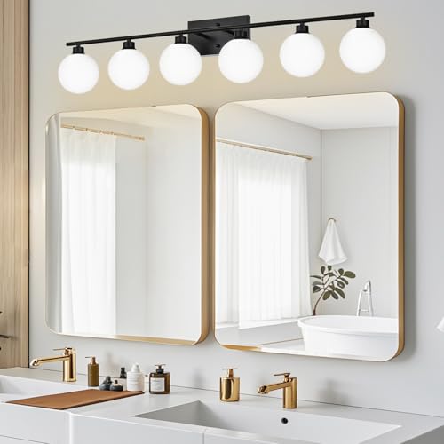 Image of Yaohong 6-Light Matte Black Bathroom Vanity Light Fixtures Over Mirror Mid Century Modern Light Fixture with Milk White Glass Globe Wall Sconce (Included Bulb)