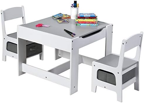 Costzon Kids Table and Chair Set, 3 in 1 Wooden Activity Table with Storage Drawer, Detachable Tabletop for Children Drawing Reading Art Craft, Playroom, Nursery, Toddler Table and Chair Set, Gray