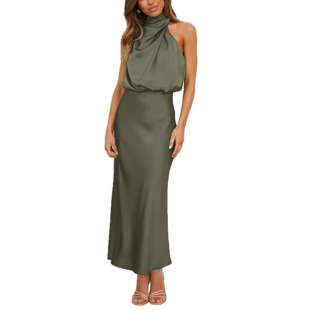 Kuukaas Satijnen jurk dames elegante cocktailjurk dames mouwloos avondjurk partyjurk maxi-jurk zomer, beige, L Kuukaas Satijnen jurk dames elegante cocktailjurk dames mouwloos avondjurk partyjurk maxi-jurk zomer, beige, L