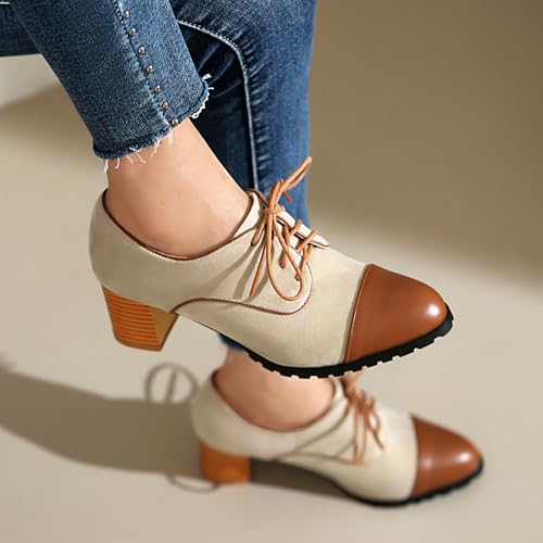 UFEDO Classic Womens Lace Up Wingtip Pump Pointed Toe Block High Heels Oxfords4