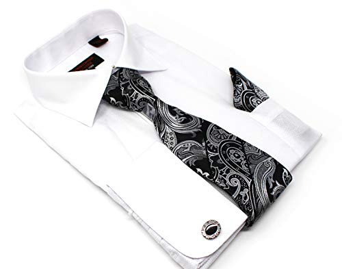 Christopher Tanner Men's Solid Micro Pattern Regular Fit French Cuffs Dress Shirts with Tie Hanky Cufflinks Combo2