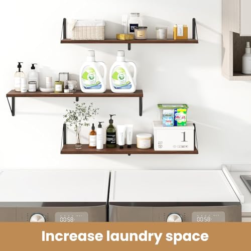 Image of Shoper cart Floating Shelves for Wall Set of 3, Rustic Wood Floating Bookshelf for Bedroom, Large Wall Mounted Storage Shelves for Kitchen Bathroom Laundry Living Room TV Books (Brown, 32.1 INCH)