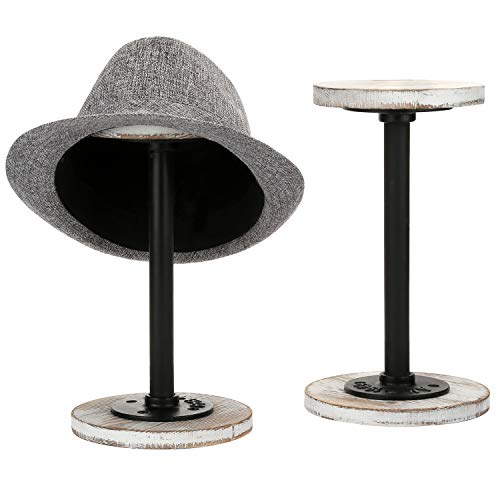 Mygift Shabby Whitewashed Wood Hat Holder Stand With Industrial Metal Pipe, Wig Rack Or Jewelry Display Riser, Set Of 2 #TOP6