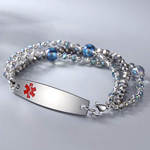 Mnmoom Stylish Madam Medical Alert Bracelets Interchangeable Three-Strand Crystal Bead Band Medical Id Diabetes Bracelets For Women-Type 2 #TOP1