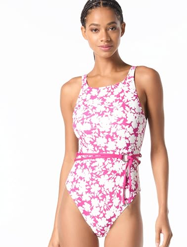 Michael Kors Womens Monotone Floral Highneck Belted One Piece, Wild Berry, 4