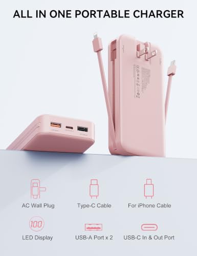 Image of Nusyddy Portable Charger 20000mAh PD20W w /Built-in Cables & Wall Plug Pink | PD20W Fast Charging, High Capacity, LED Display, Charge 5 Devices at once, TSA Approved, Compatible with iPhone /iPad /Samsung