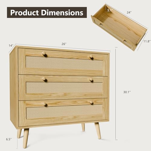 FURNIinspire 3 Drawer Dresser for Bedroom, Boho Dresser Chest with Handles for Bedroom Hallway Living Room - Image 2