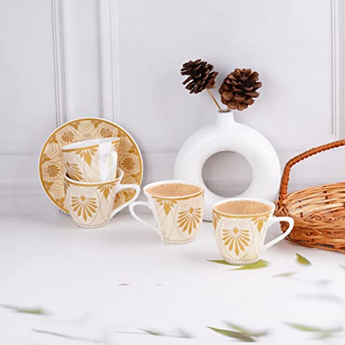 Image of Dandy Lines Alpine Gold Rajasthan Design Cup and Saucer Set, Luxury Tea Set with Saucer, Ceramic, Pack of 12, Microwave & Dishwasher Safe, Great for Hosting & Gifting