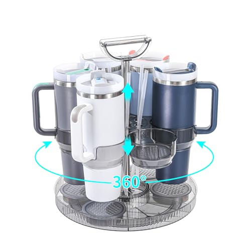 Stanley Cup Organizer, 360° Rotating Tumbler Organizer for Stanley Cup 40 Oz, Water Bottle Organizer Adjustable Height Tumbler Holder with Handle,Grey