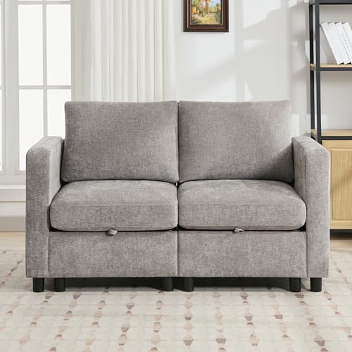 WUTUTUEE 58”Modular Sectional Loveseat Sofa, Modern Love Seat 2 Seater Sofa Couch with Storage, Chenille Modular Sectional Couch for Living Room, Bedroom, Office, Small Apartment, Light Grey