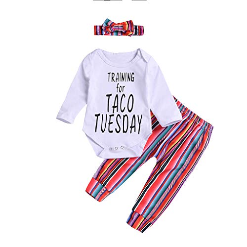 Newborn Baby Taco Tuesday Letter Print Long Sleeve Romper Stripe Pants Headband 3Pcs Autumn Outfits Set (Age:6-12 Months, White)