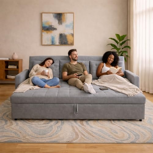 Image of Emilio 3 Seater with Ottomon Pull-Out Sofa Cum Bed (Blue Color) Premium Fabric Sofa Set for Living Room | Bedroom