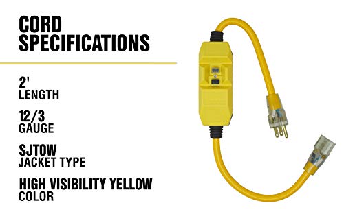 Woods 2817 Jacket Contractor Grade Sjtw Super Flexible Extension Cord With In-Line Gfci And Lightened End; 3 12 Awg; 15 A; 1-Outlet; Yellow #TOP6