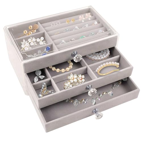 ジュエリーボックス 透明アクセサリーケース3段 引き出し式 宝石箱 ジュエリーケース柔軟ジュエリートレイ指輪ケース、ネックレス、ピアス、ブレスレット整理 小物入れ 誕生日プレゼント (グレー)