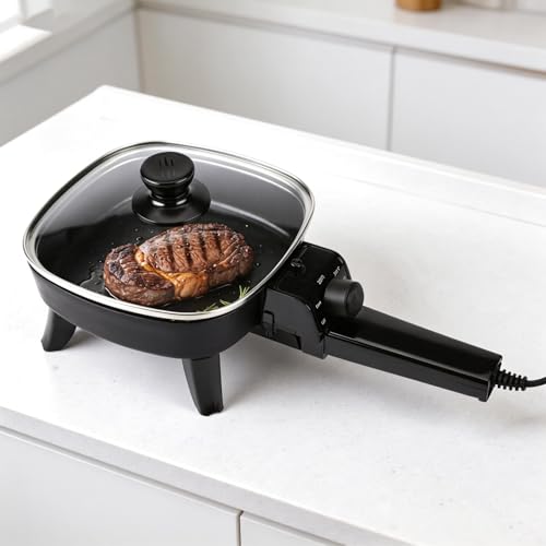 I-Keukenn 7 Electric Skillet with Lid, Non-Stick Ceramic Electric Frying Pan, 600W Single-Serve Grill with Adjustable Temperature Control for Pancakes, Eggs & Sausage