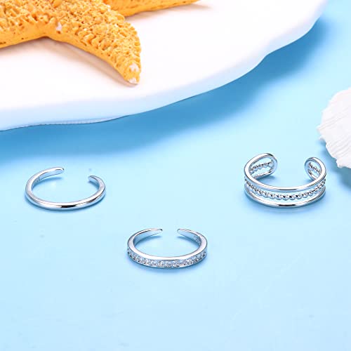 Jerywe 3 Pcs Toe Rings For Women Sterling Silver 925 Hypoallergenic Adjustable Open Toe Ring Plain Sterling Silver Cubic Zirconia Band Toe Rings Set Minimalistic Beach Foot Jewelry #TOP5