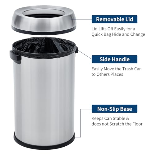 Image of Garvee 17 gal /65 L Trash Can, Fingerprint-Proof Stainless Steel Open Top Garbage Can, Heavy Duty Commercial Round Trash Bin for Restaurant, Home, Office, Silver